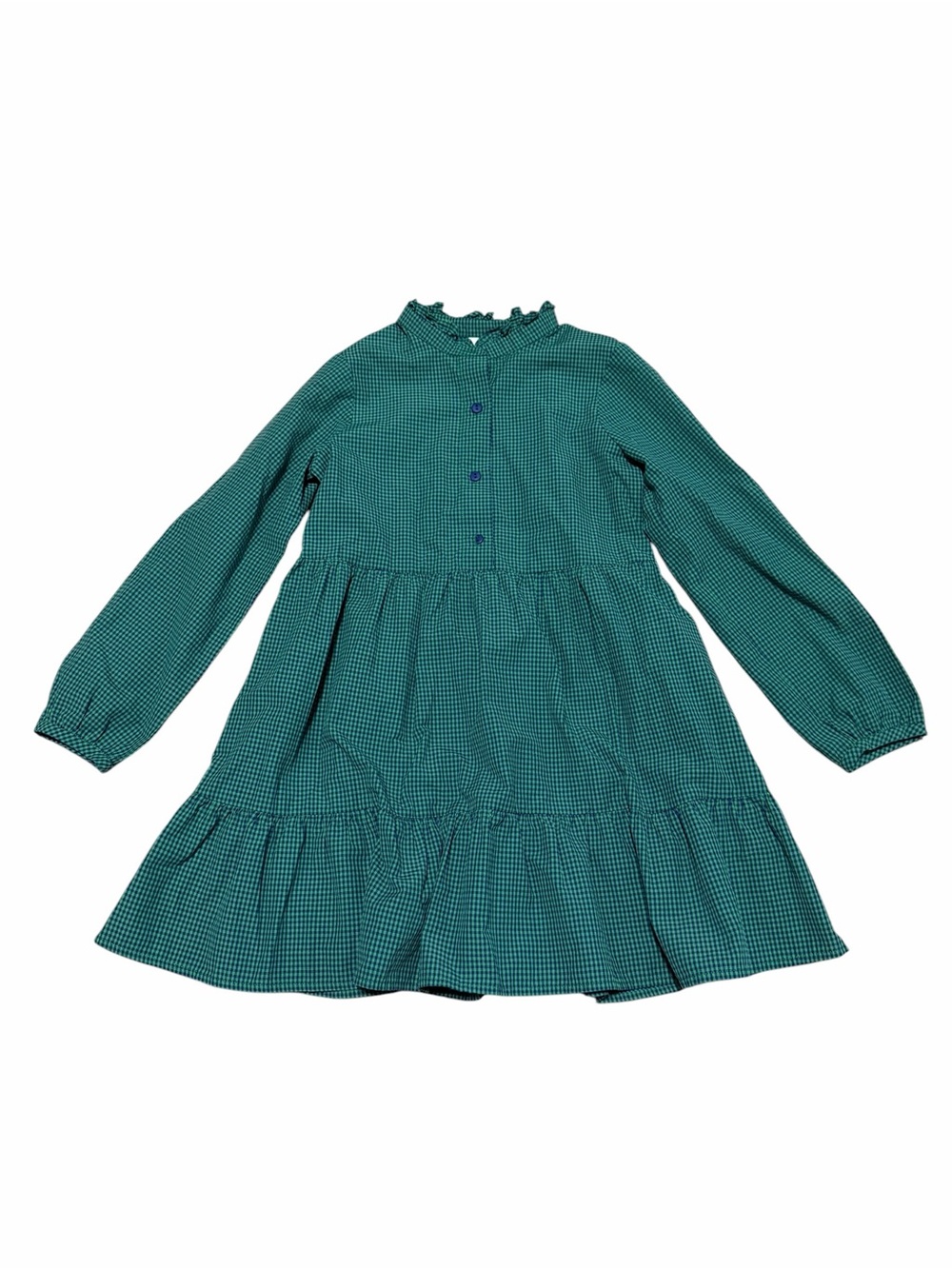 Florence Eiseman Girls Green & Blue Gingham Tiered Long Sleeve Dress | Size 10